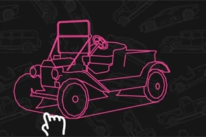 Tegning av en retro bil i rosa linjer med en pekerhånd nederst mot venstre, mot en mørk bakgrunn med skisser av biler