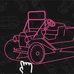 Tegning av en retro bil i rosa linjer med en pekerhånd nederst mot venstre, mot en mørk bakgrunn med skisser av biler
