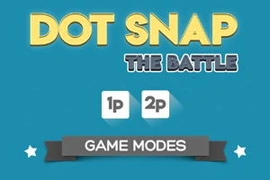Tekst med Dot Snap The Battle øverst, med valgknapper for 1p og 2p samt en banner med Game Modes mot en blå bakgrunn