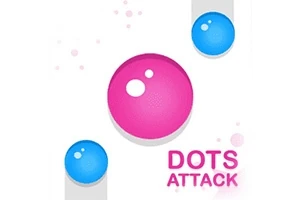 Blå og rosa kuler på hvit bakgrunn med teksten Dots Attack