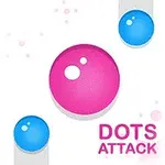 Blå og rosa kuler på hvit bakgrunn med teksten Dots Attack