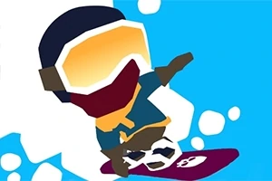 En stilisert figur med store briller og hjelm som snowboarder på en fargerik bakgrunn