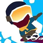 En stilisert figur med store briller og hjelm som snowboarder på en fargerik bakgrunn