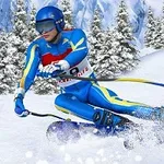 En alpinist i blå drakt og hjelm kjører ned en snødekt fjellskråning omringet av snødekte trær