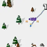 En pikselert figur står på ski ned en snødekket bakke med trær, en hjort, og fjellknauser i nærheten