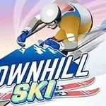 En tegneserieaktig skiløper i full fart ned en snødekt bakke med teksten Downhill Ski foran
