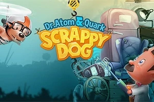 En animert hund med propellhatt flyr ved siden av en figur med store øyne i et laboratoriemiljø