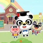 Tegneseriefigurer inkludert en panda med et eksamenshatt, en gris og en hund foran en skolebygning med skiltet Dr