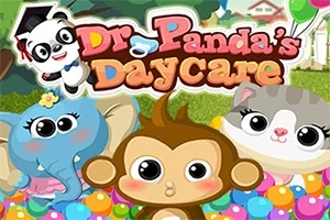 Tegnet illustrasjon av en panda, elefant, ape og katt med store øyne omgitt av fargerike baller, med fargerik tekst øverst