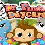 Tegnet illustrasjon av en panda, elefant, ape og katt med store øyne omgitt av fargerike baller, med fargerik tekst øverst
