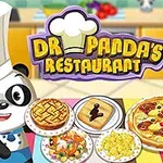 En tegneseriepanda med kokkelue står foran et bord med forskjellige retter, inkludert kake, pizza, og eggerøre, med teksten Dr Pandas Restaurant i bakgrunnen