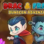 To tegneseriefigurer med vampyr- og Frankenstein-tema står side om side med teksten Drac & Franc Dungeon Adventure over dem