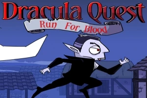 En tegneseriefigur av en vampyr løper gjennom en landsby om natten med teksten Dracula Quest: Run For Blood over ham
