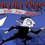 En tegneseriefigur av en vampyr løper gjennom en landsby om natten med teksten Dracula Quest: Run For Blood over ham