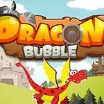 Rød drage med gule vinger foran to slott, med teksten Dragon Bubble i bakgrunnen