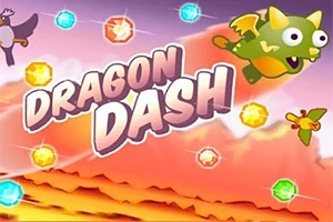 Tegnet drage med store øyne og vinger flyr gjennom fargerike krystaller med teksten Dragon Dash i midten av bildet