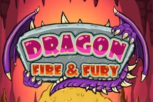 Tittelen Dragon Fire & Fury i røde bokstaver på et steinskilt, omgitt av lilla dragevinger og klør
