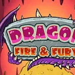 Tittelen Dragon Fire & Fury i røde bokstaver på et steinskilt, omgitt av lilla dragevinger og klør