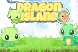 Søte, grønne drager med horn sitter på gress, med teksten Dragon Island i bakgrunnen