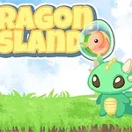 Søte, grønne drager med horn sitter på gress, med teksten Dragon Island i bakgrunnen