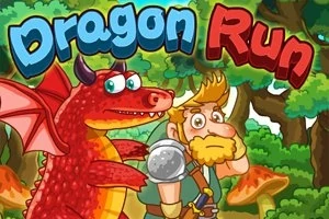 Rød drage med vinger ved siden av en nervøs mann med skjegg i en frodig skog, med teksten Dragon Run i fargerik stil øverst