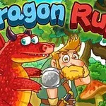 Rød drage med vinger ved siden av en nervøs mann med skjegg i en frodig skog, med teksten Dragon Run i fargerik stil øverst