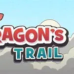 En rød tegneseriedrage sitter på et tårn over teksten Dragons Trail mot en skyet himmel