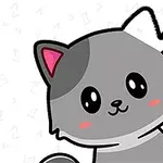 Tegning av en søt, grå tegneseriekatt med rosa detaljer på ørene, og en blyant som tegner på kattens hode