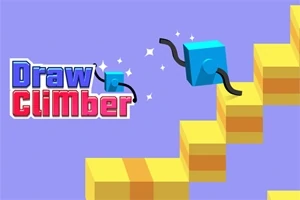 Blå kube med sorte ben beveger seg opp gule trinn mot en lilla bakgrunn med tekst Draw Climber