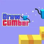 Blå kube med sorte ben beveger seg opp gule trinn mot en lilla bakgrunn med tekst Draw Climber