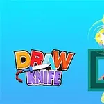 Fargerik tekst med ordene Draw Knife ved siden av en tegning av en kniv, med et geometrisk puslespill bestående av stjerner, tall og en rød figur på blå bakgrunn