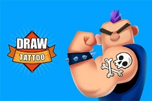 En tegneseriefigur med solbriller og lilla mohikaner viser frem en muskuløs arm med et dødningehodetatovering, ved siden av teksten Draw Tattoo på en blå bakgrunn
