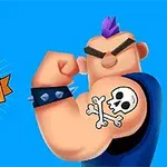 En tegneseriefigur med solbriller og lilla mohikaner viser frem en muskuløs arm med et dødningehodetatovering, ved siden av teksten Draw Tattoo på en blå bakgrunn