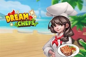 Kvinnelig kokk med brunt hår i uniform holder en tallerken med mat, foran en strandbakgrunn med tekst Dream Chefs