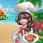 Kvinnelig kokk med brunt hår i uniform holder en tallerken med mat, foran en strandbakgrunn med tekst Dream Chefs
