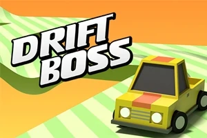 Tegneseriestil bilde av en gul bil med rødt stripe på en stripete, grønn og hvit bakgrunn, med teksten Drift Boss