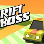 Tegneseriestil bilde av en gul bil med rødt stripe på en stripete, grønn og hvit bakgrunn, med teksten Drift Boss