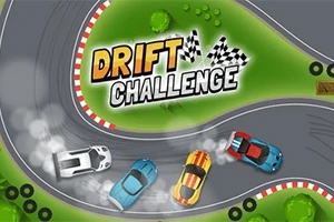 Fire biler drifter rundt en sving på en racerbane med teksten Drift Challenge i midten