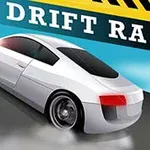 En hvit sportsbil som drifter mot venstre med tekst Drift Race i bakgrunnen