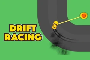 En gul bil drifter rundt en sving på en svart vei med grønn bakgrunn, med teksten Drift Racing ved siden av