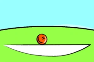 En oransje ball balanserer på en hvit bue på en grønn bakgrunn med blå himmel