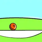 En oransje ball balanserer på en hvit bue på en grønn bakgrunn med blå himmel