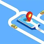 Smarttelefon med kartnål på skjermen og veier med gule taxier på blå bakgrunn