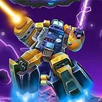 En robot med kraftige ben og armer avfyrer lysstråler fra begge hender i et mørkt lilla romlandskap