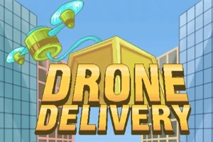 En tegneseriestil drone som frakter en pakke mellom to høye bygninger med teksten Drone Delivery