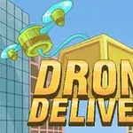 En tegneseriestil drone som frakter en pakke mellom to høye bygninger med teksten Drone Delivery