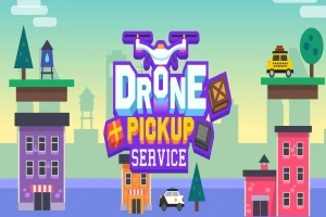 Fargerik illustrasjon med tekst Drone Pickup Service, to plattformer med trær og bygninger nedenfor