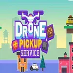 Fargerik illustrasjon med tekst Drone Pickup Service, to plattformer med trær og bygninger nedenfor