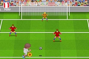 En illustrasjon av en fotballspiller i hvit drakt som nærmer seg mål med tre forsvarere og en keeper foran seg