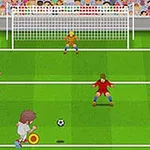 En illustrasjon av en fotballspiller i hvit drakt som nærmer seg mål med tre forsvarere og en keeper foran seg